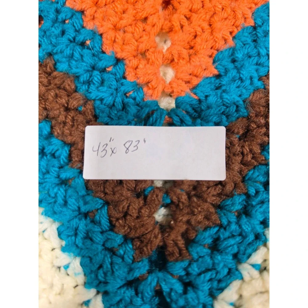 Vintage Handmade Crochet Afghan Blanket Orange Teal Brown Chevron Ripple 43x83